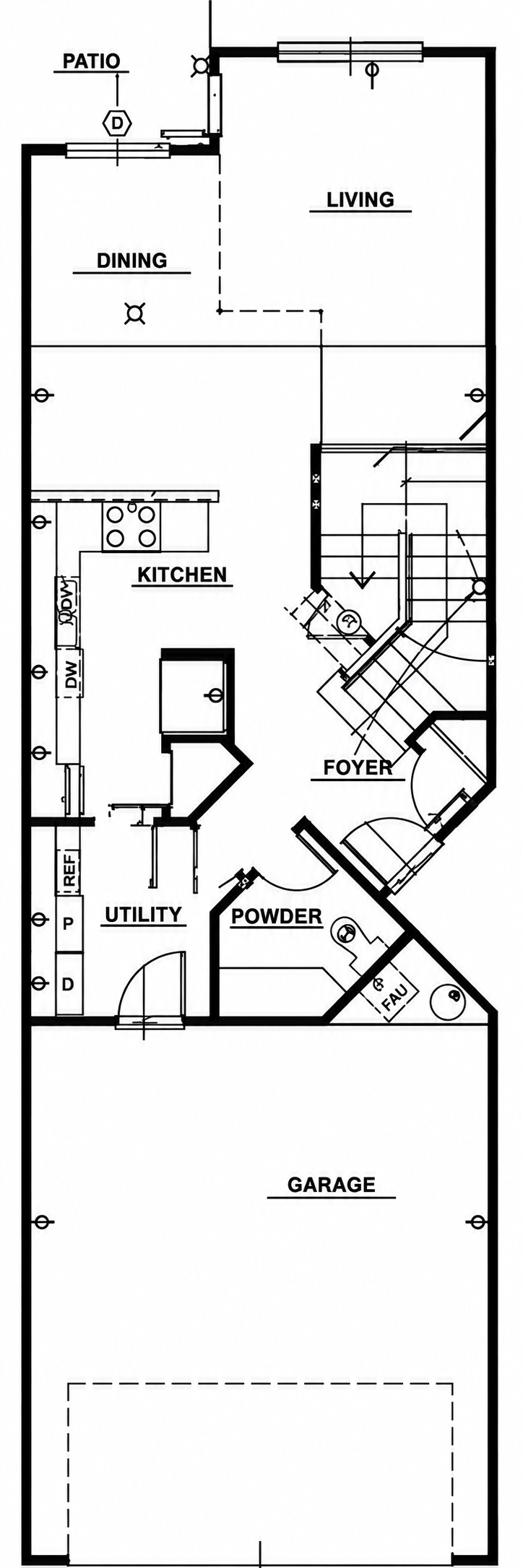 Main Floor Plan showing kitchen, dining, living room, half bath and garage