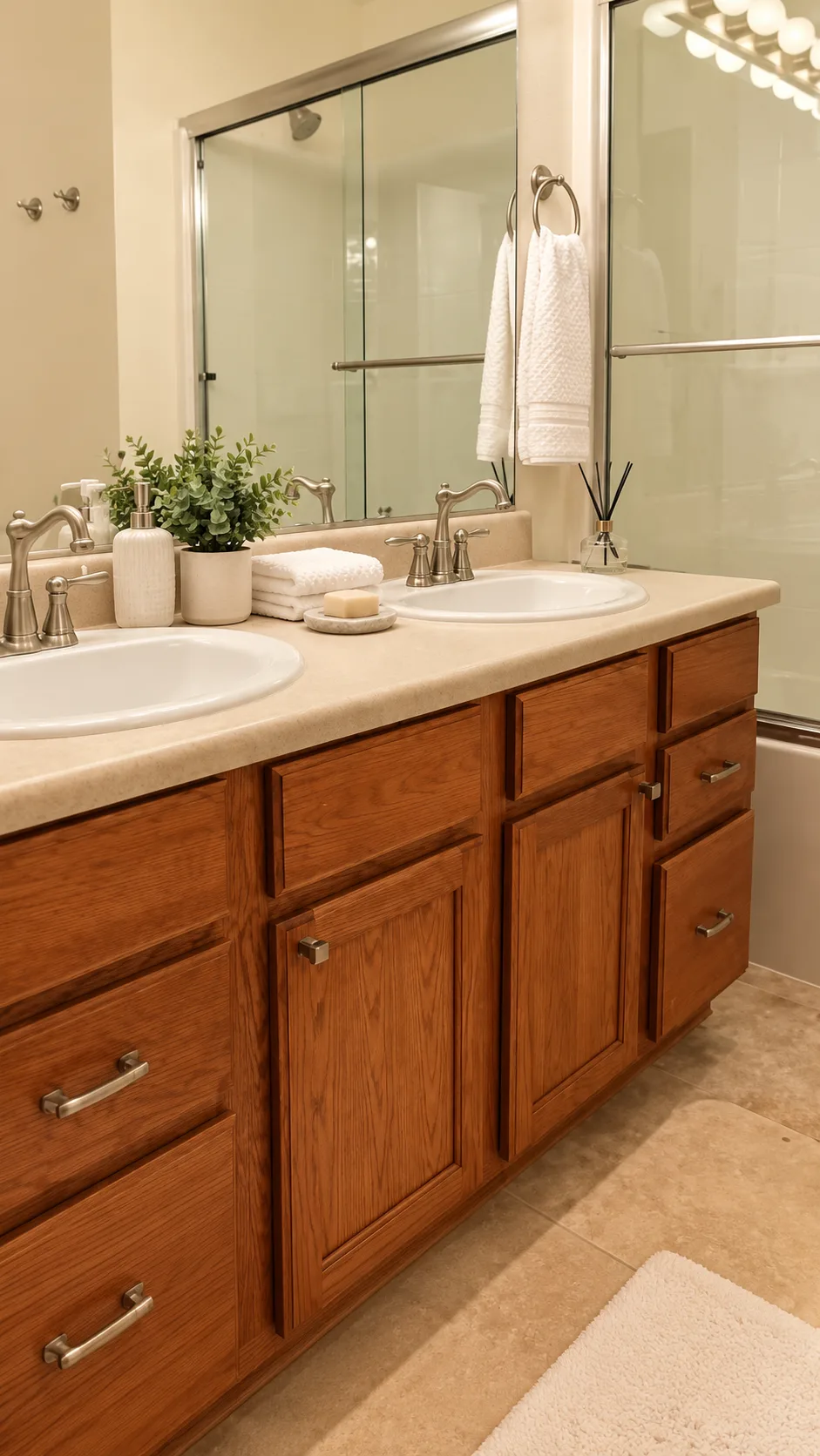 Brookdale bathroom with double vanity and glass-enclosed shower