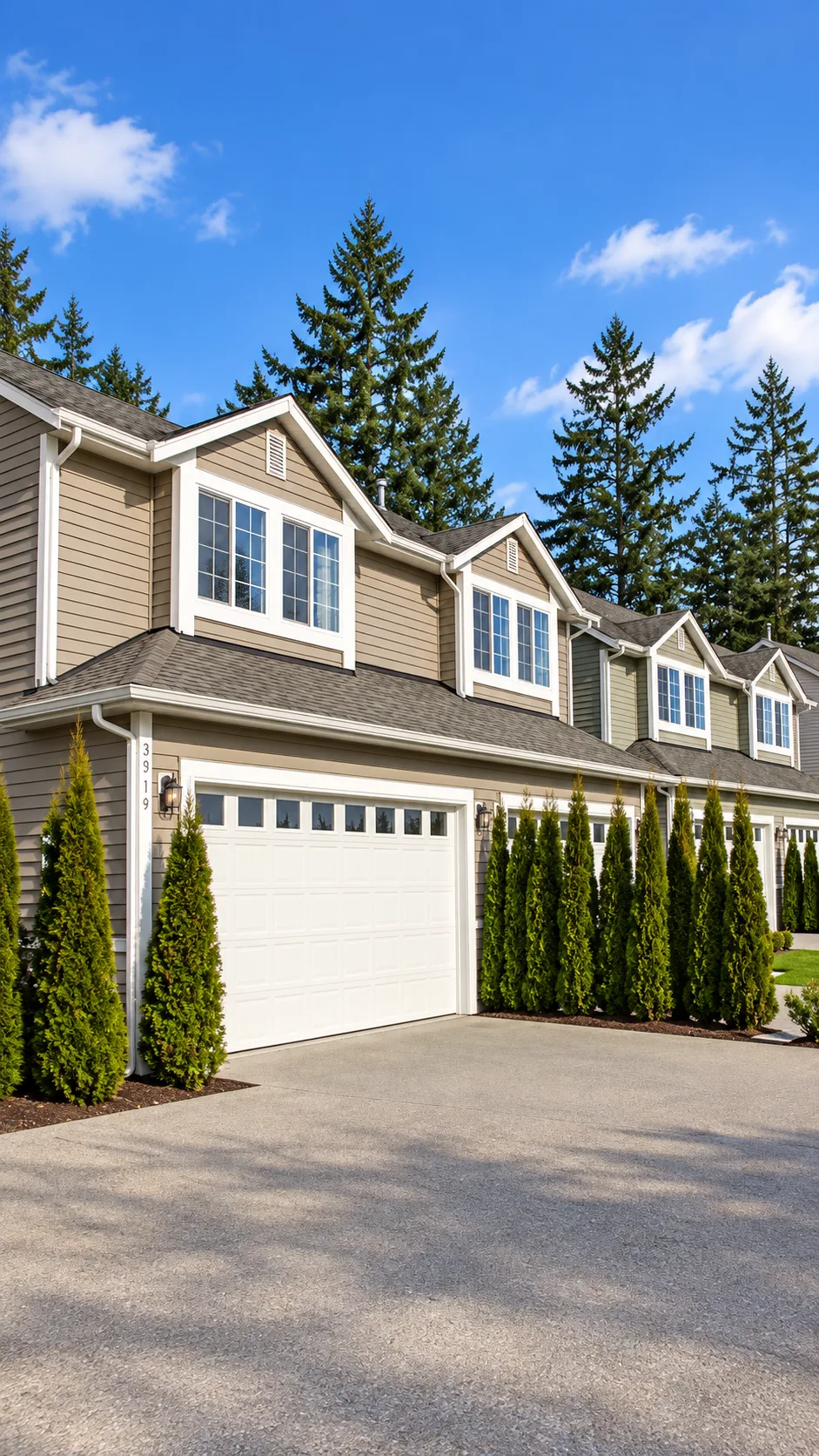 Brookdale Townhomes — townhome exteriors with garage doors and driveway