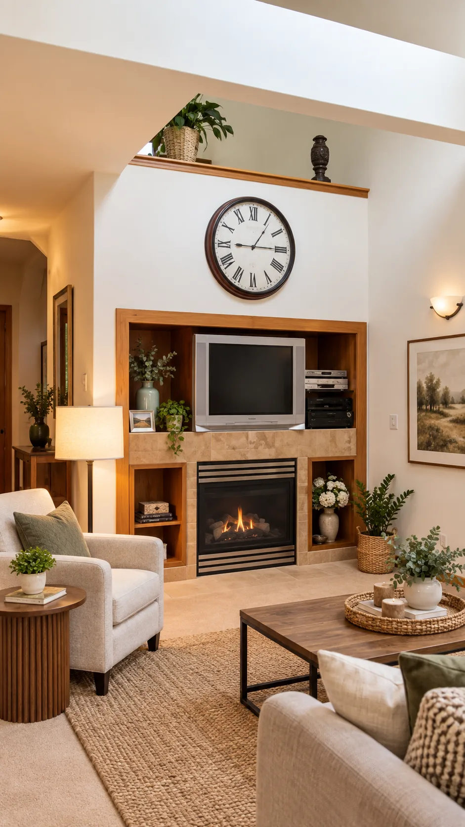 Brookdale Townhomes — living room with fireplace and built-in shelving