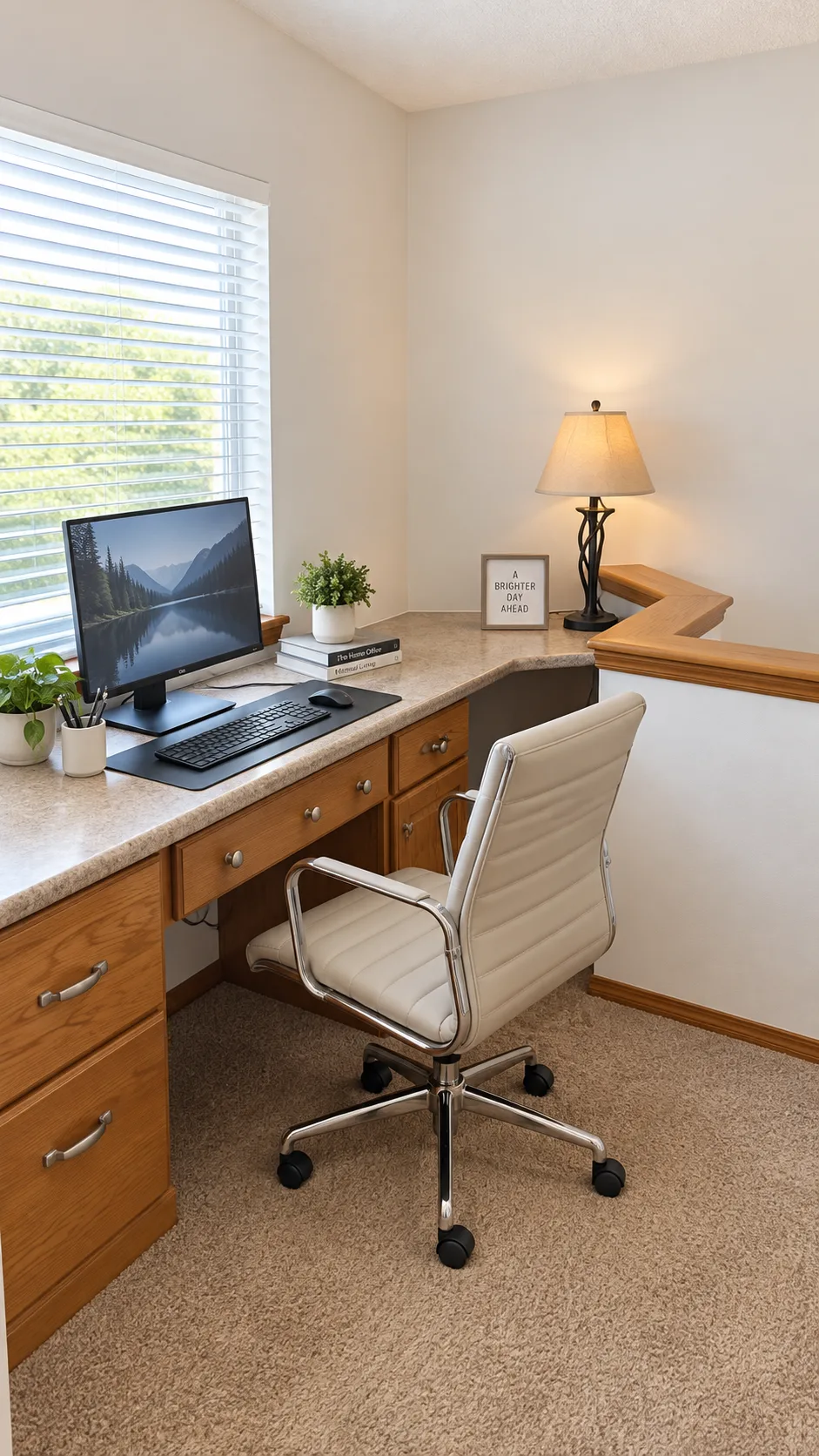 Brookdale Townhomes — home office with wraparound desk and windows