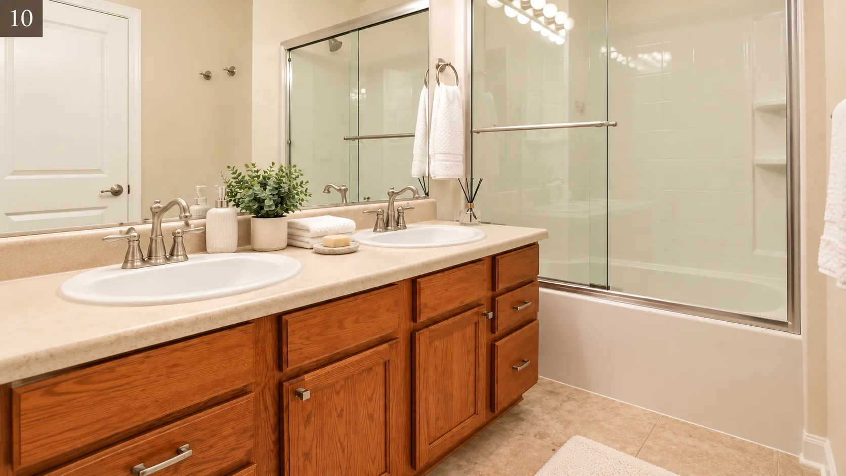 Brookdale Townhomes — bathroom with double vanity, bathtub, and glass shower enclosure