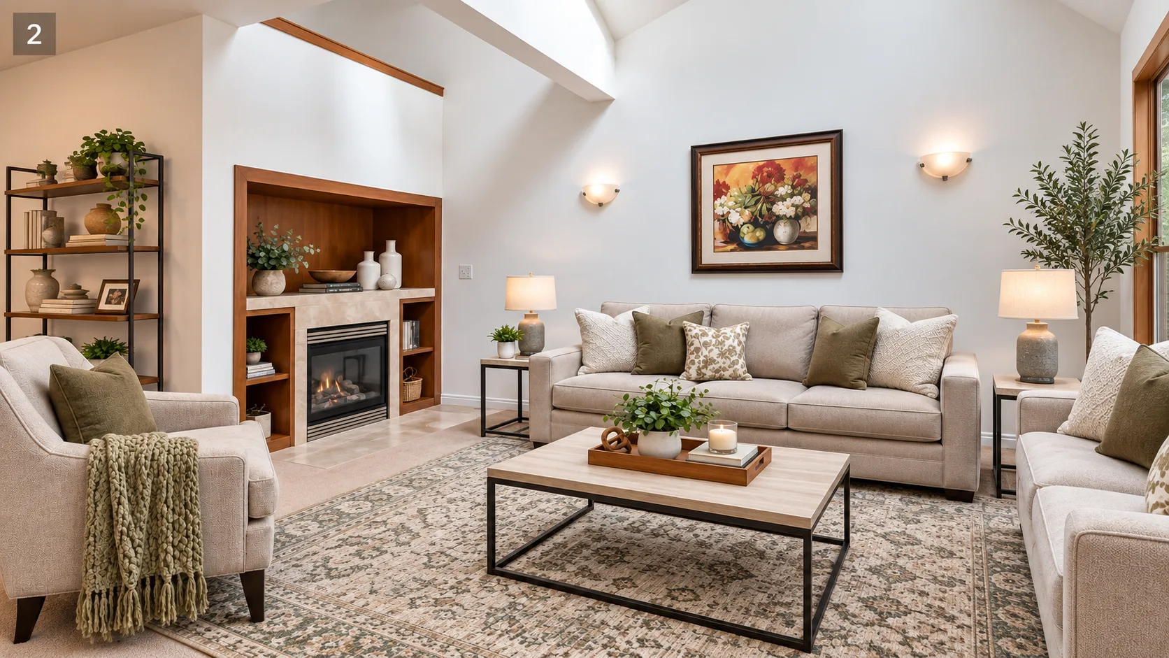 Brookdale living room with fireplace and vaulted ceiling