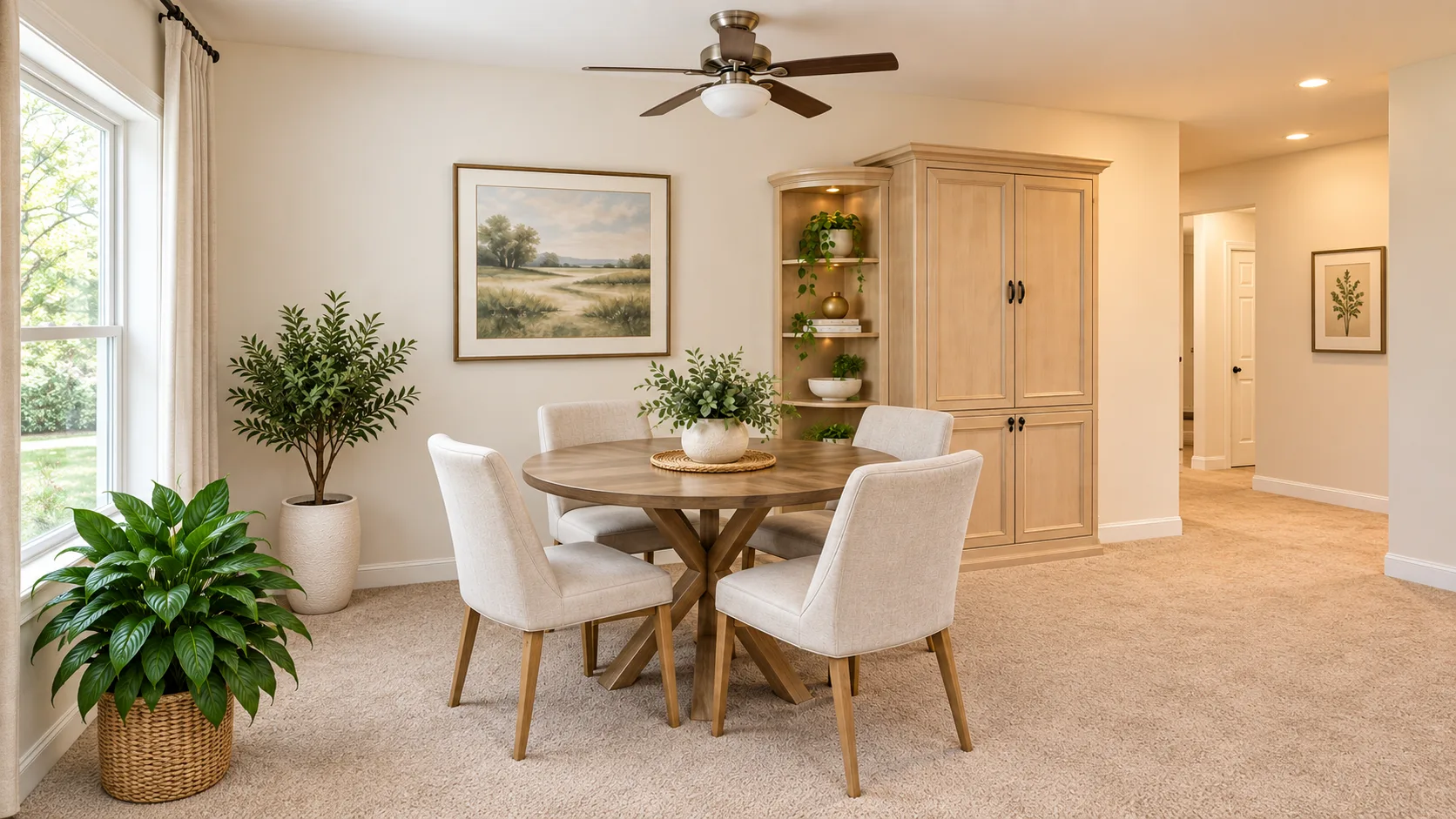 Brookdale Townhomes — dining area with round table and built-in cabinetry