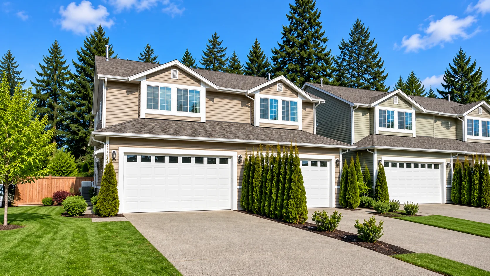 Brookdale Townhomes — townhome exteriors with garages, driveway, and lawn